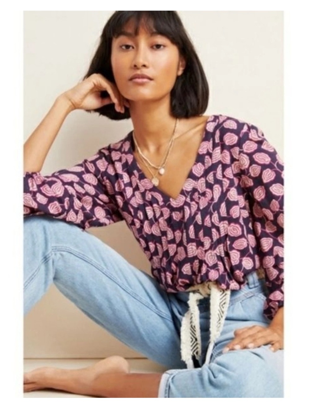 Anthropologie Maeve Cathy Pleated V Neck Blouse
